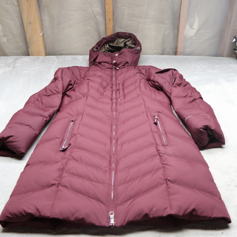 Eddie Bauer Down Jacket Womens Small Purple Hood Quilted Winter Insulated Long‎